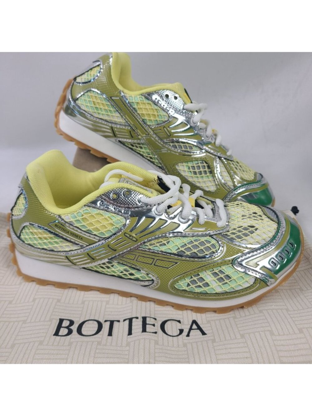 NEW Bottega Veneta Orbit Yellow & Silver Mesh Sneakers Size EU 39, US 9
